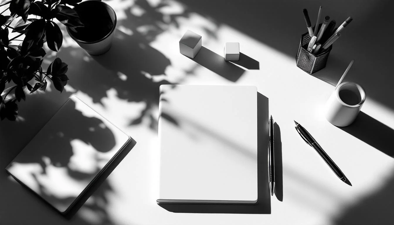 Editorial illustration: A minimalist desk surface viewed from above, with neatly arranged objects—a notebook, pen, and geome — MonstarX