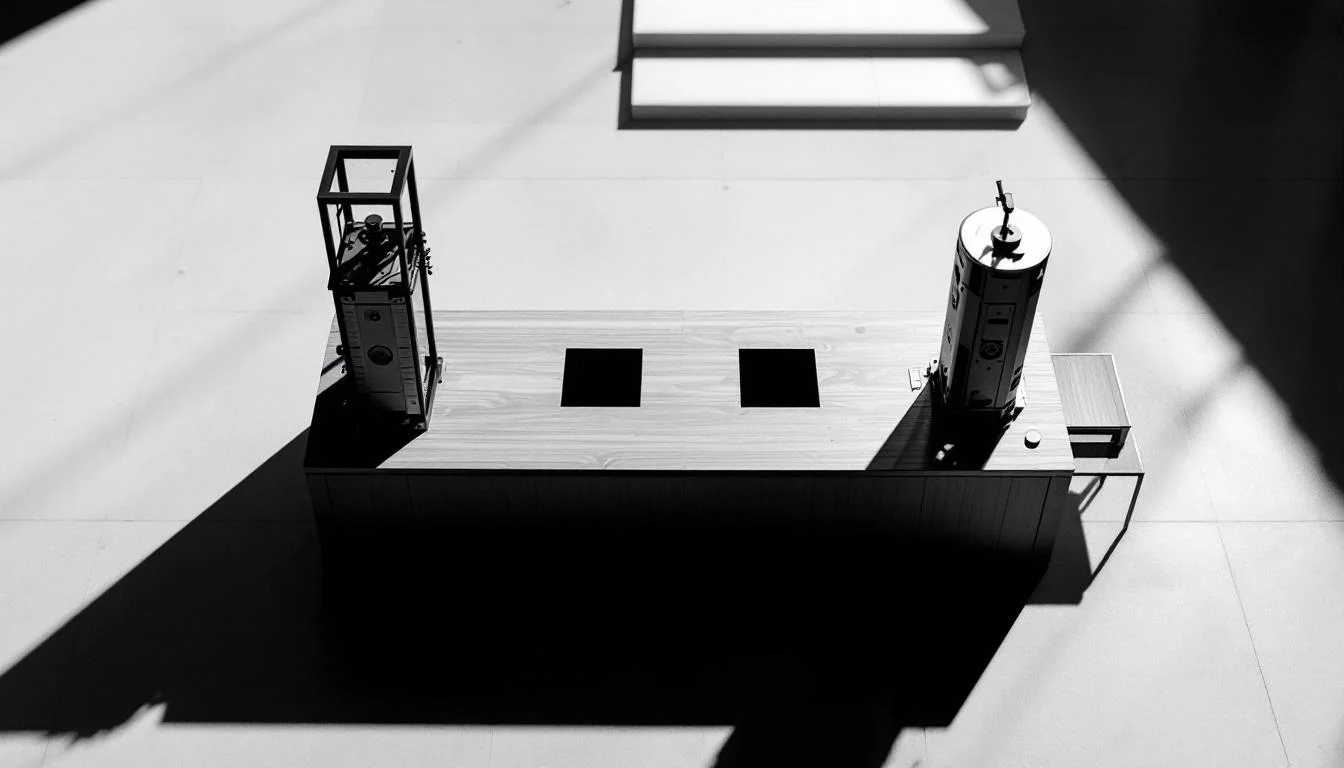 Editorial illustration: A minimalist marketplace stall or trading post—perhaps a simple wooden counter or exchange booth—pho — MonstarX