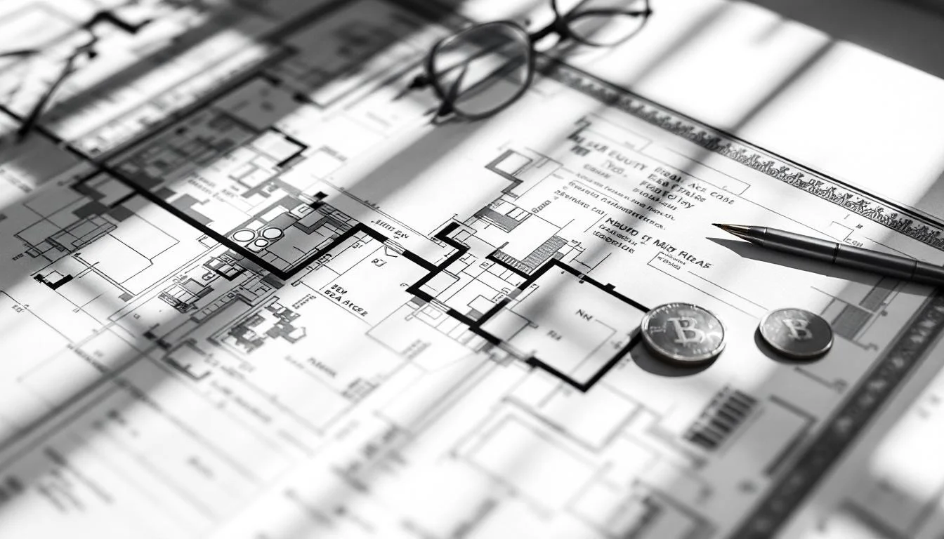 Editorial illustration: A Bay Area mid-century modern home's floor plan or deed document overlaid with or adjacent to stock  — MonstarX