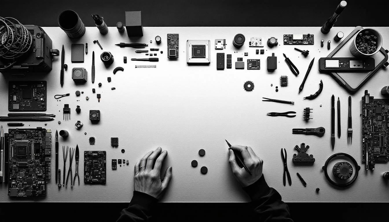 Editorial illustration: A sleek, minimalist workbench photographed from above, scattered with precision tools, circuit board — MonstarX