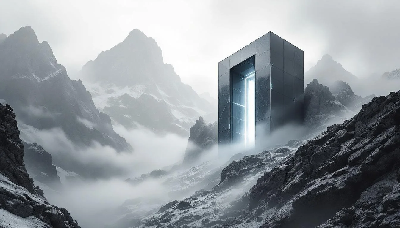 Editorial illustration: A massive server tower or data center structure rising from a mountainous Alpine landscape, its geom — MonstarX