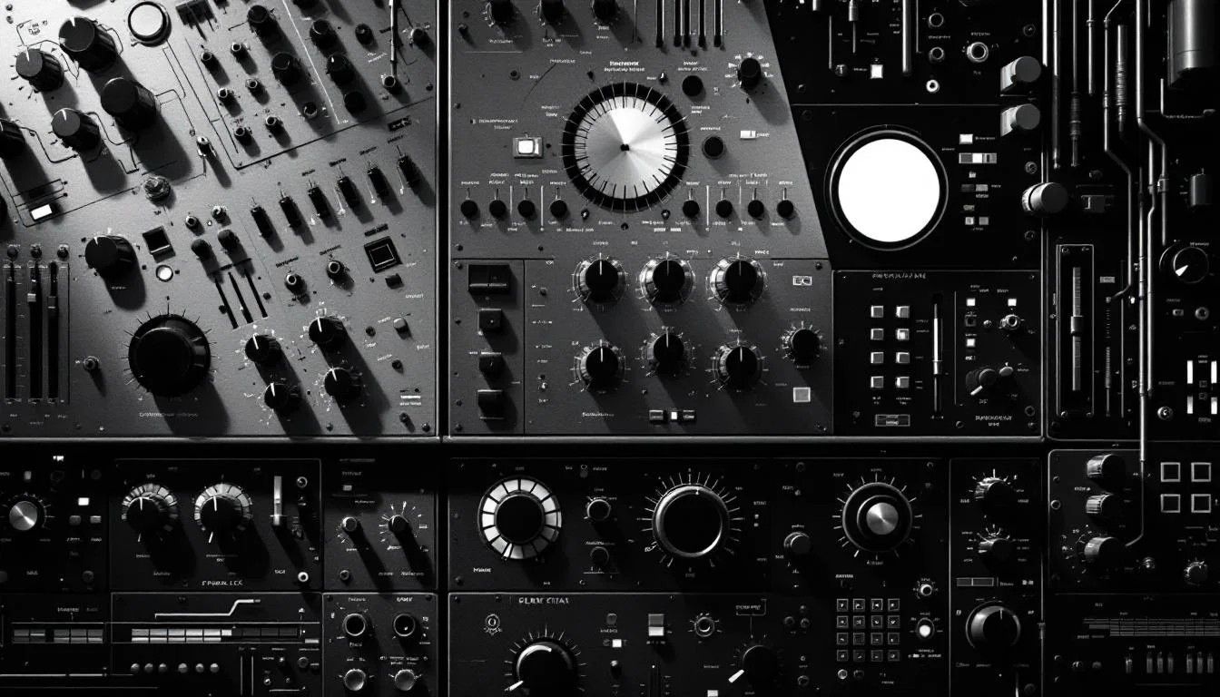Editorial illustration: A network of interconnected control panels and dials arranged in a grid pattern, each displaying dif — MonstarX