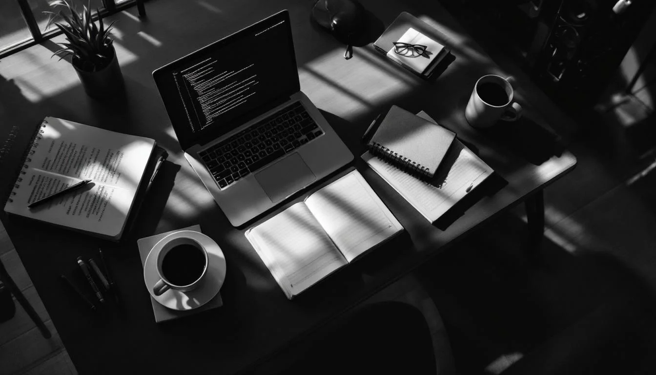 Editorial illustration: A workstation desk captured from above, featuring an open laptop displaying code on its screen, surr — MonstarX
