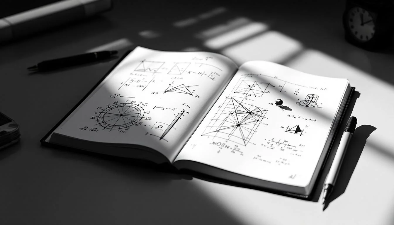 Editorial illustration: A pristine laboratory notebook lies open on a polished desk, its pages filled with geometric diagram — MonstarX