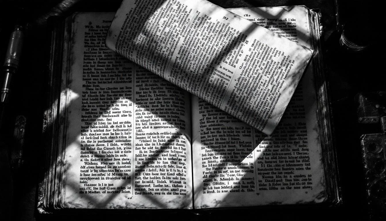 Editorial illustration: A worn dictionary or reference book lying open on a desk, its pages filled with dense text in multip — MonstarX