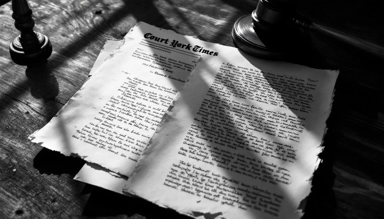 Editorial illustration: A worn courtroom document or legal brief lying on a wooden table, with a photograph or handwritten l — MonstarX