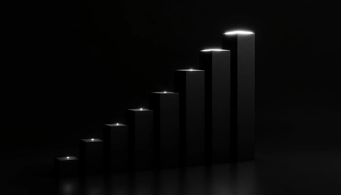 Editorial illustration: A stacked bar chart or subscription meter rendered in stark black and white, with the topmost segmen — MonstarX