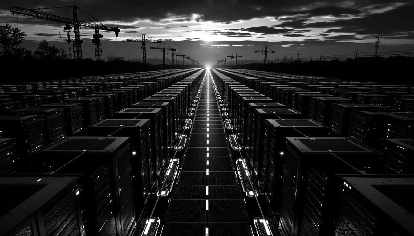 Editorial illustration: A vast data center floor photographed from above at dusk, rows of server racks receding into shadow, — MonstarX