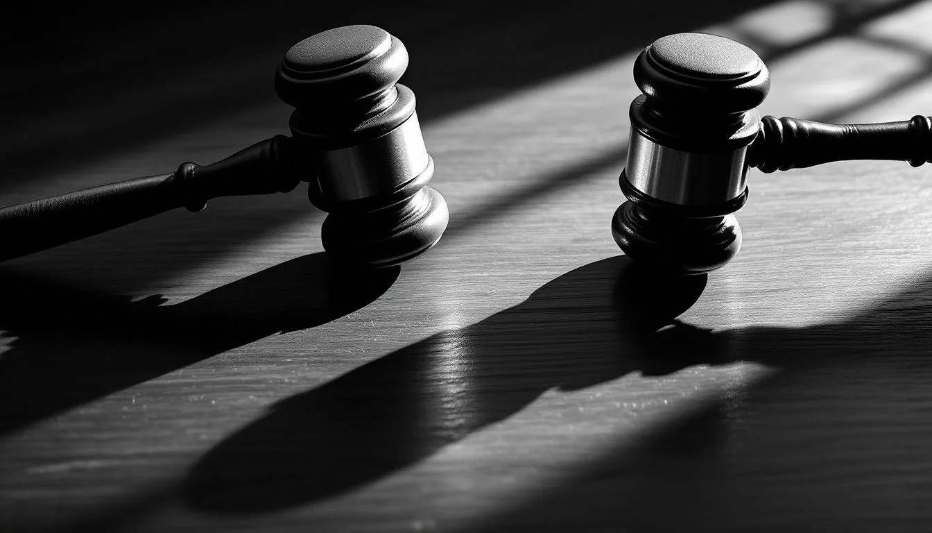 Editorial illustration: Two identical courtroom gavels positioned at opposing ends of a polished wooden desk, their heads ne — MonstarX