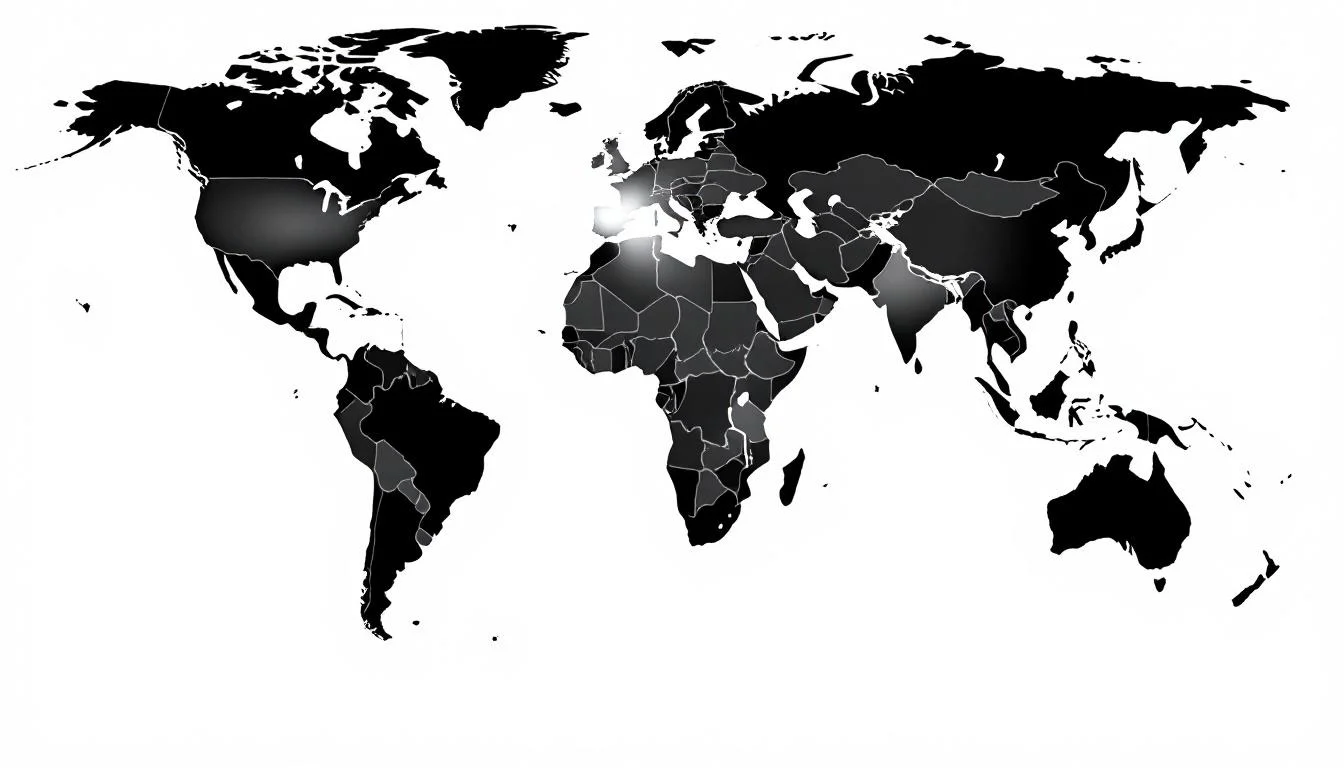 Editorial illustration: A world map rendered in stark black and white, with India brilliantly illuminated or highlighted in  — MonstarX