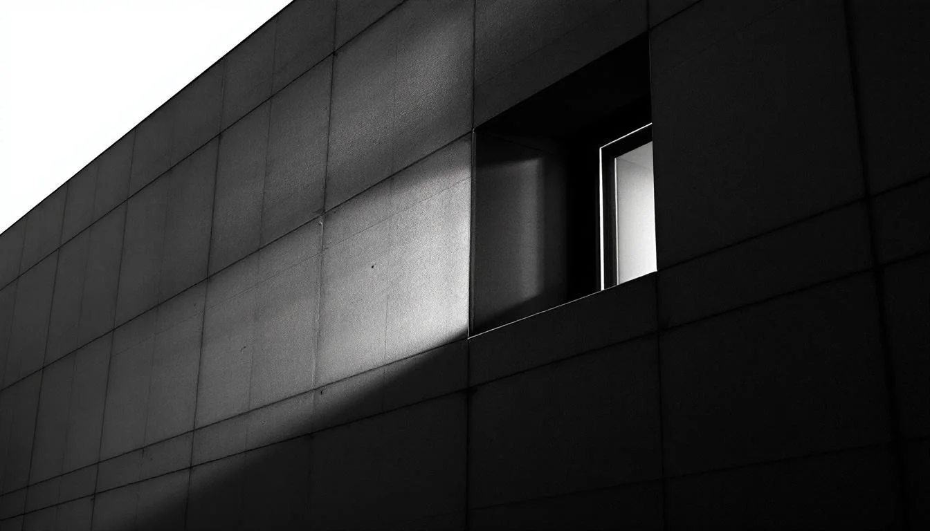 Editorial illustration: A stark institutional building or courthouse facade photographed at an oblique angle, its geometric  — MonstarX