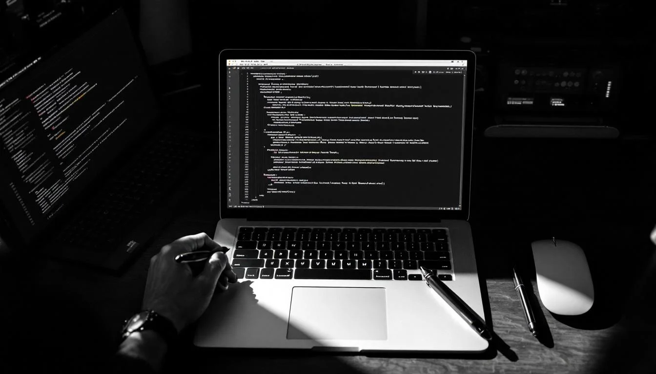 Editorial illustration: A developer's workstation captured from above: an open laptop displaying code on its screen, positio — MonstarX