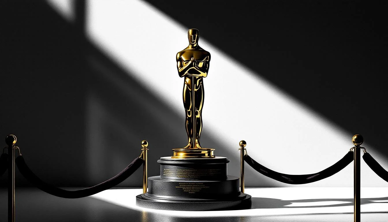 Editorial illustration: A golden statuette stands on a pedestal, its surface etched with fine print or restrictions, positio — MonstarX