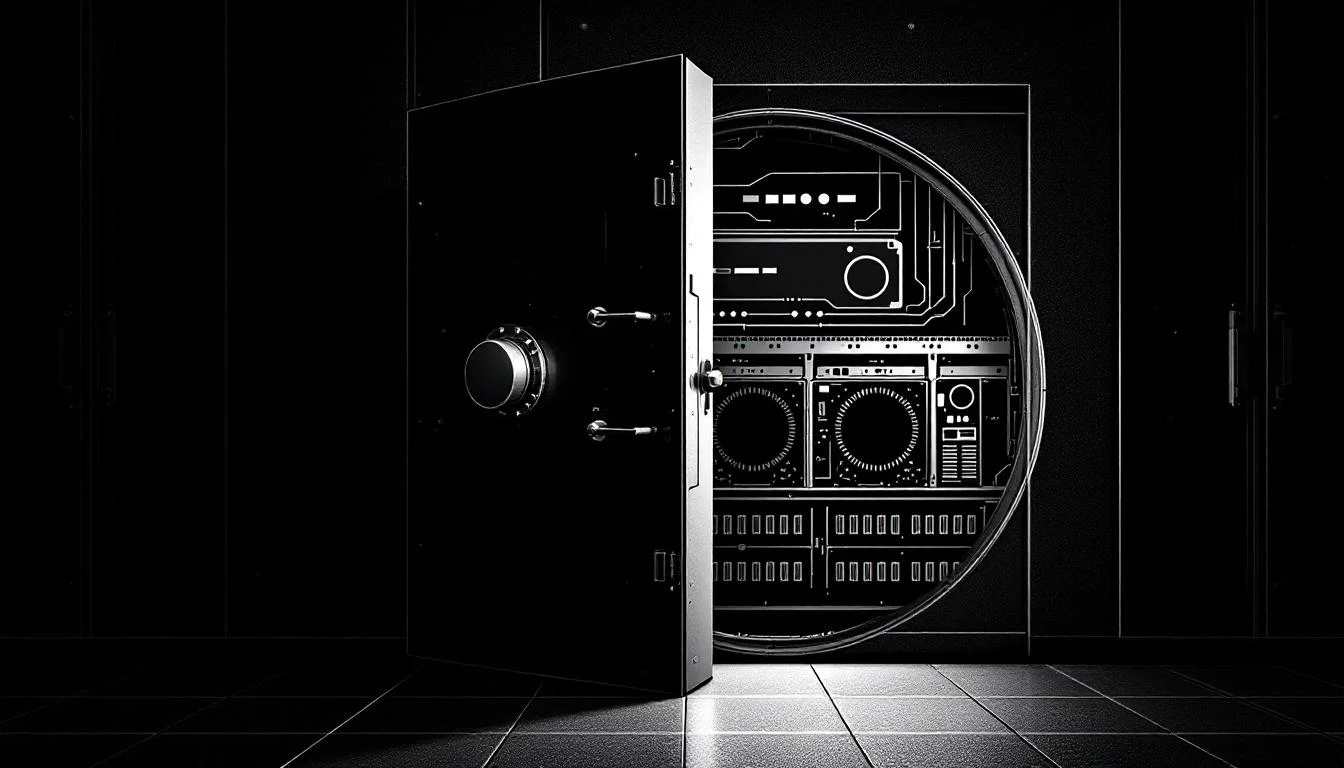 Editorial illustration: A heavy vault door or secure server room entrance, partially open to reveal layered security infrast — MonstarX