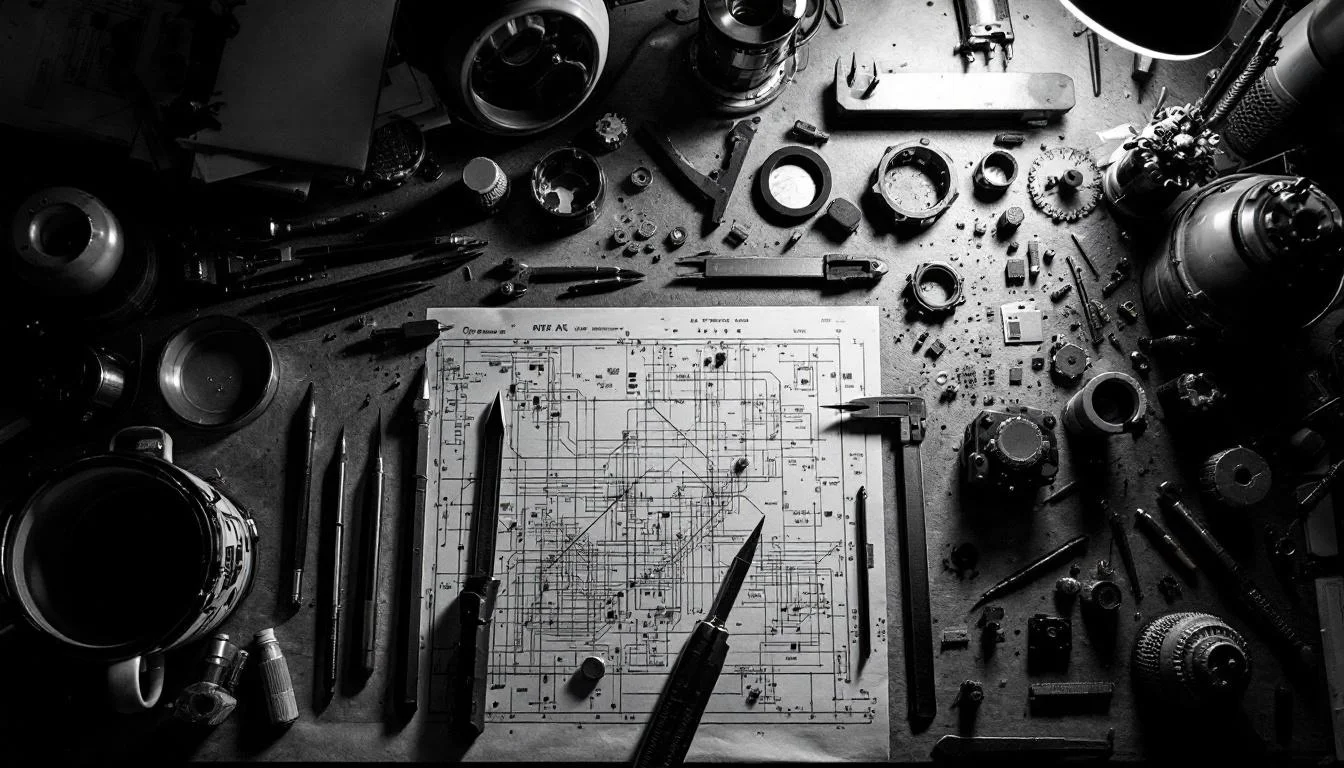 Editorial illustration: A workbench scattered with precision tools—calipers, blueprints, prototype components—photographed f — MonstarX