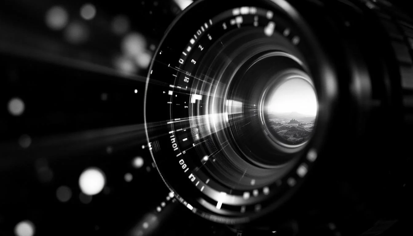 Editorial illustration: A film camera lens in sharp focus, with light refracting through its glass elements to reveal a lumi — MonstarX