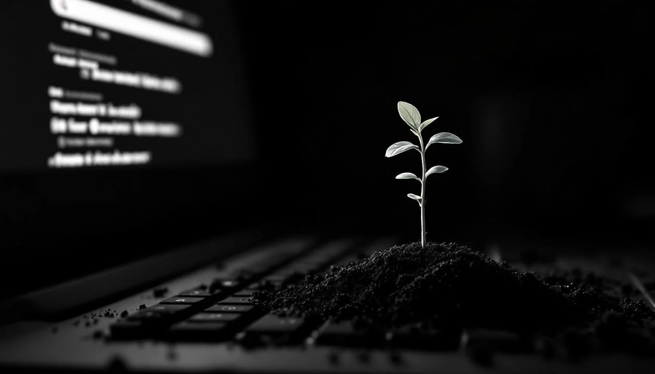 Editorial illustration: A close-up of a computer monitor or search interface glowing softly in dim light, with a seedling or — MonstarX