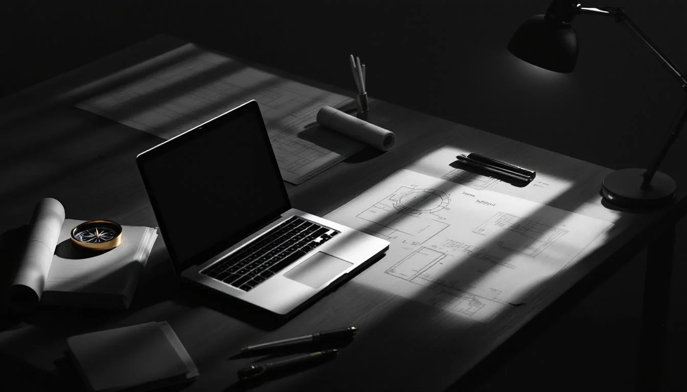 Editorial illustration: A minimalist workbench with an open laptop displaying a faint terminal glow, surrounded by scattered — MonstarX