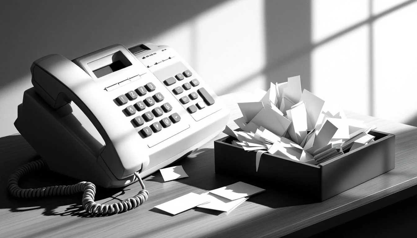 Editorial illustration: A landline telephone receiver resting off-hook beside an overflowing inbox tray, with appointment ca — MonstarX