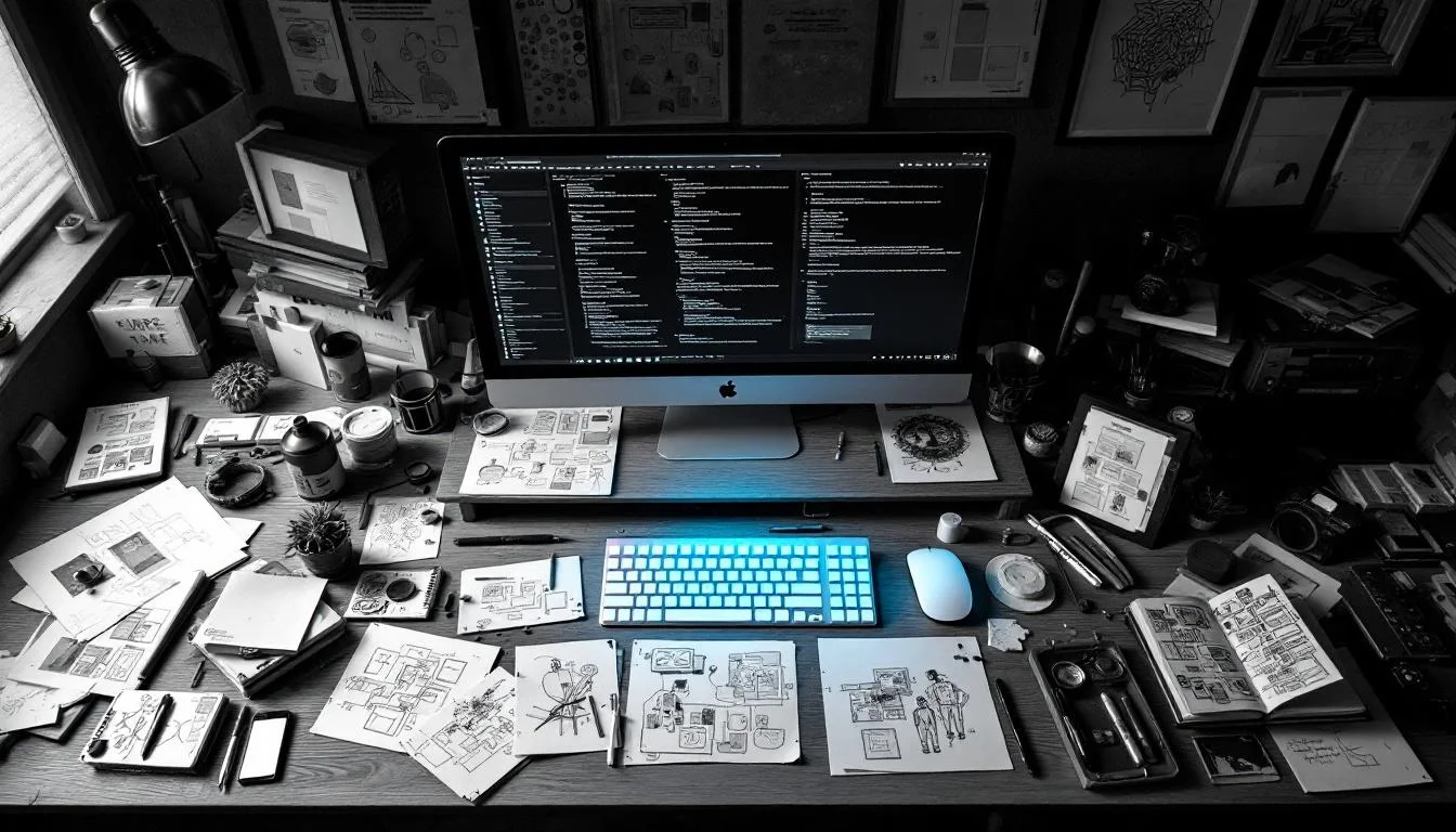 Editorial illustration: A wooden workbench or studio table scattered with rough sketches, mood boards, and handwritten notes — MonstarX