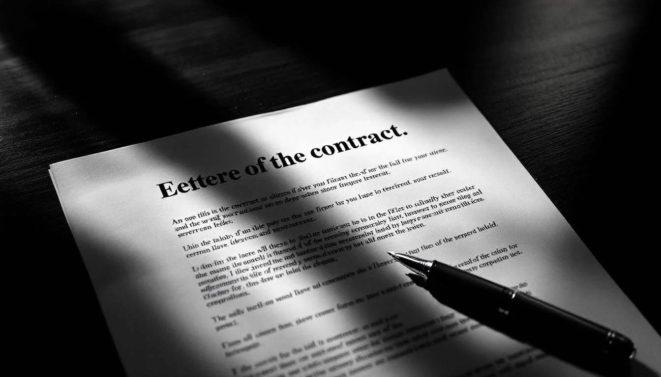 Editorial illustration: A contract or severance letter lying on a desk, one corner folded or creased as if rejected, with a  — MonstarX
