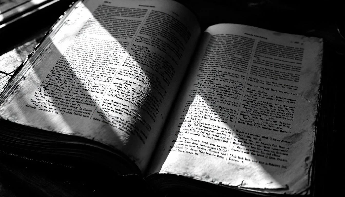 Editorial illustration: A worn dictionary or reference book lying open on a desk, its pages yellowed and marked with annotat — MonstarX