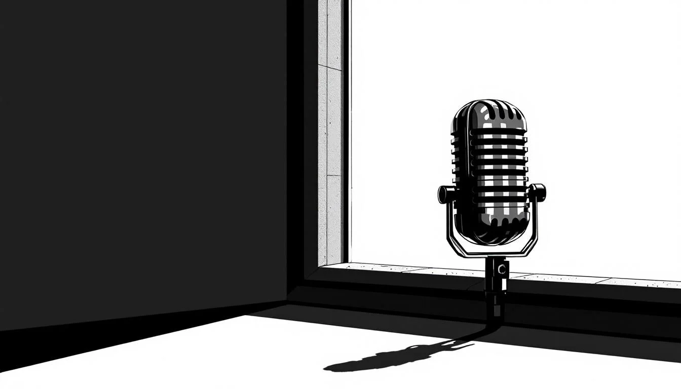Editorial illustration: A close-up of a microphone positioned against a stark architectural backdrop—perhaps a window frame  — MonstarX