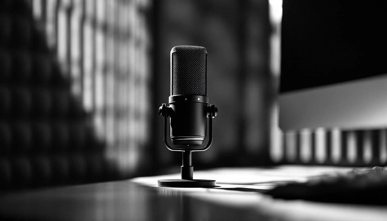 Editorial illustration: A close-up of an open office desk with a microphone positioned near a computer terminal, surrounded  — MonstarX