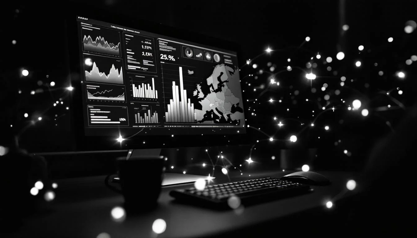 Editorial illustration: A computer terminal or desktop screen glowing softly in dim light, displaying layered financial char — MonstarX