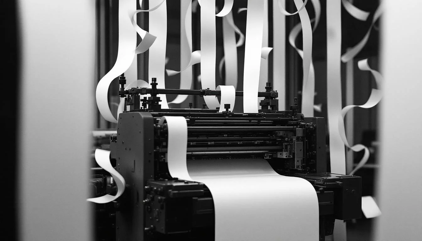 Editorial illustration: A newsroom printing press in mid-motion, its mechanical arms frozen mid-cycle, with streams of paper — MonstarX