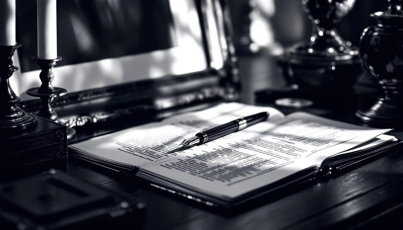 Editorial illustration: A ornate desk with an open ledger or document, a fountain pen resting across its pages, and a framed — MonstarX