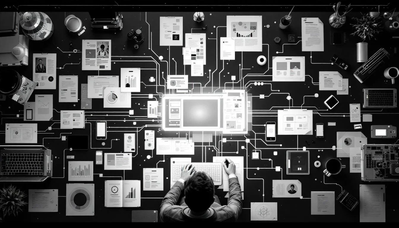 Editorial illustration: A modular workspace desk photographed from above, with interconnected cards and nodes arranged in a  — MonstarX