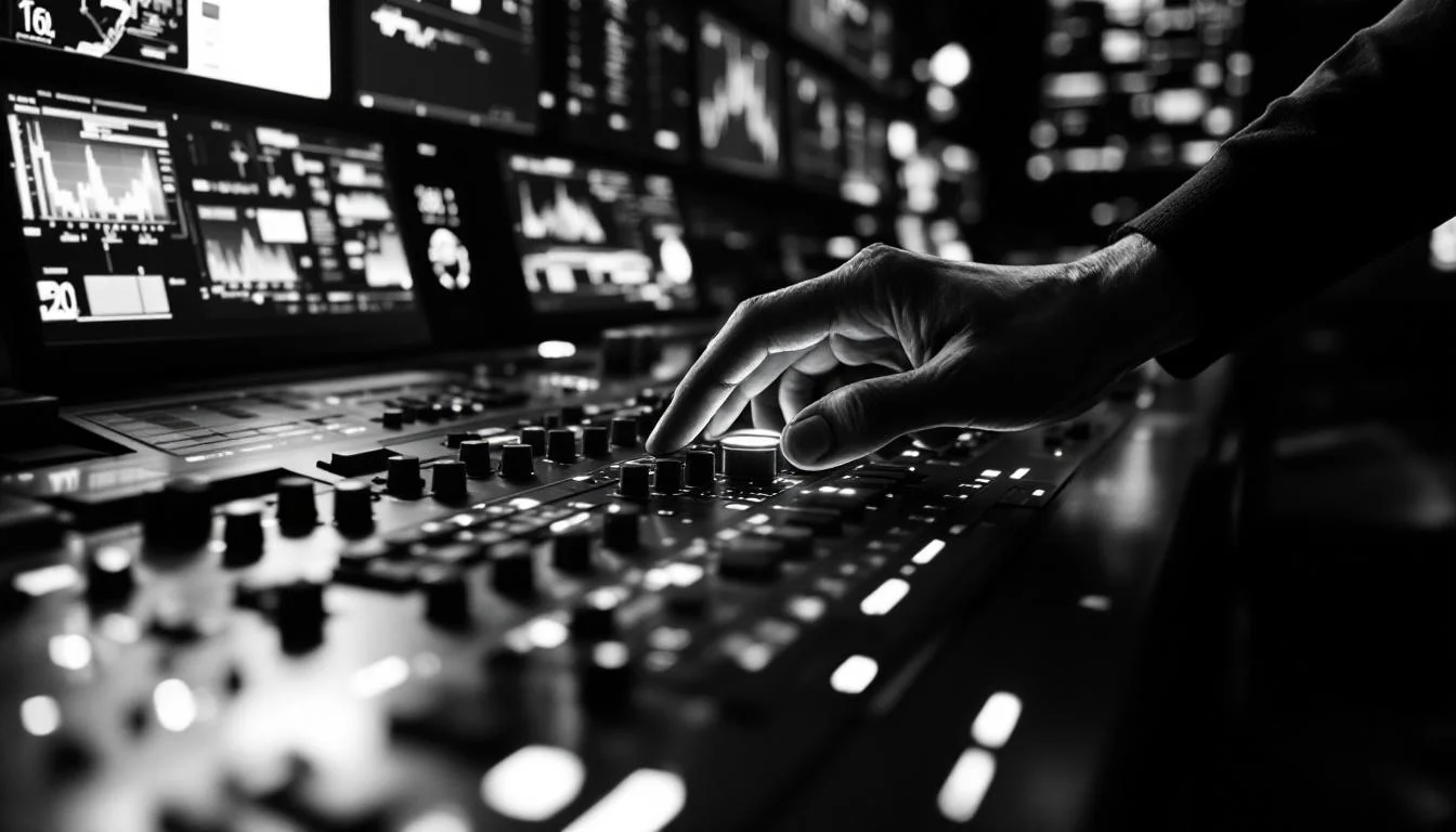 Editorial illustration: A control room dashboard with multiple illuminated screens and switches, viewed from above at a dram — MonstarX