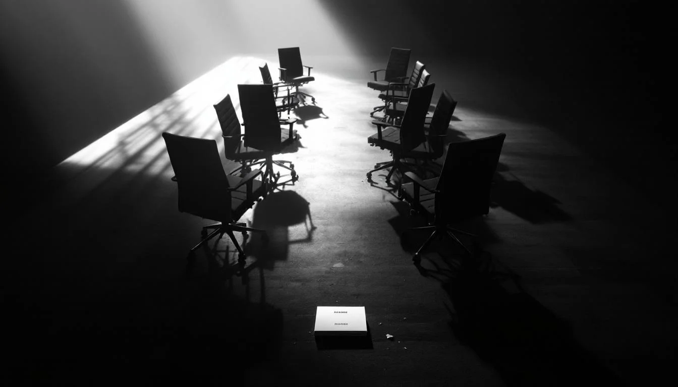 Editorial illustration: A conference table scattered with empty chairs casting long shadows under harsh overhead light, with — MonstarX