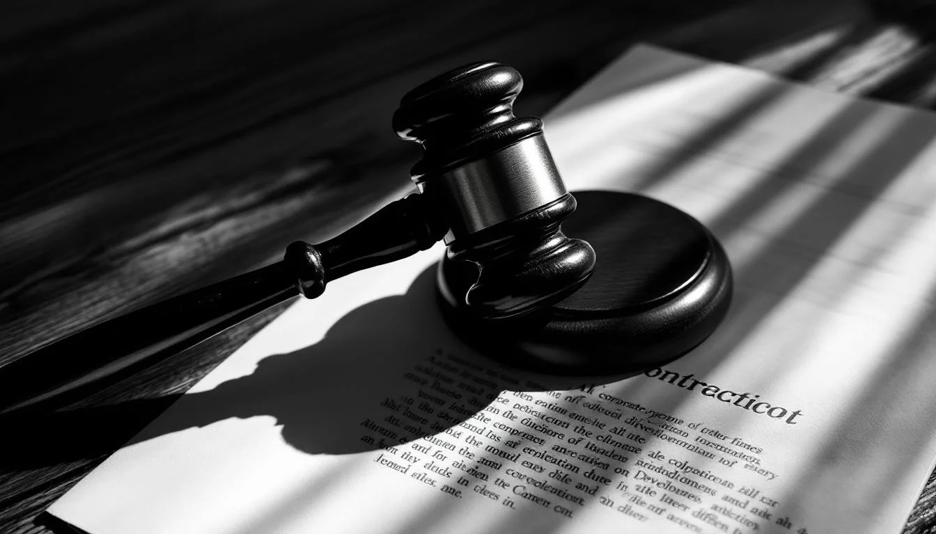 Editorial illustration: A courtroom judge's gavel resting on a wooden bench beside an open contract or legal document, with  — MonstarX