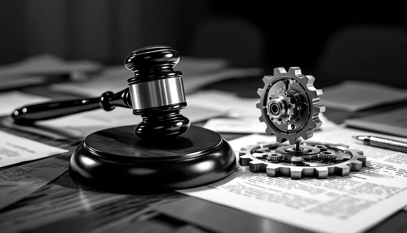 Editorial illustration: A courtroom gavel resting on a desk scattered with legal documents and contracts, adjacent to a spin — MonstarX
