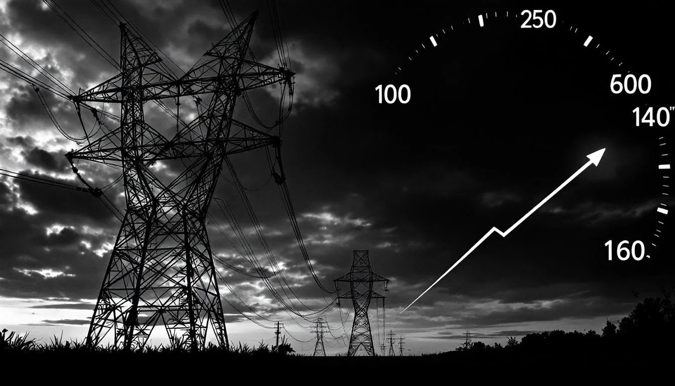 Editorial illustration: A high-voltage transmission tower standing against a darkening sky, with power lines stretching into — MonstarX