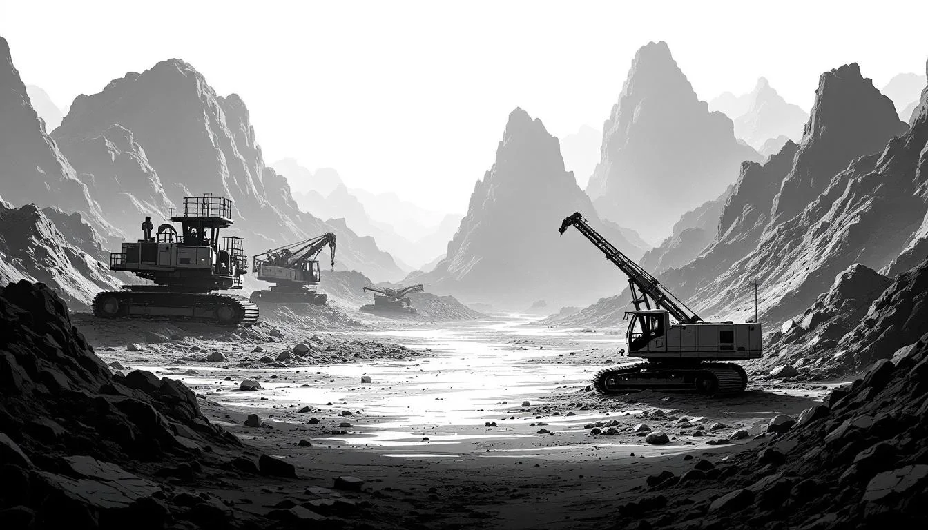 Editorial illustration: A divided landscape of mining equipment: on one side, gleaming modern machinery and infrastructure b — MonstarX