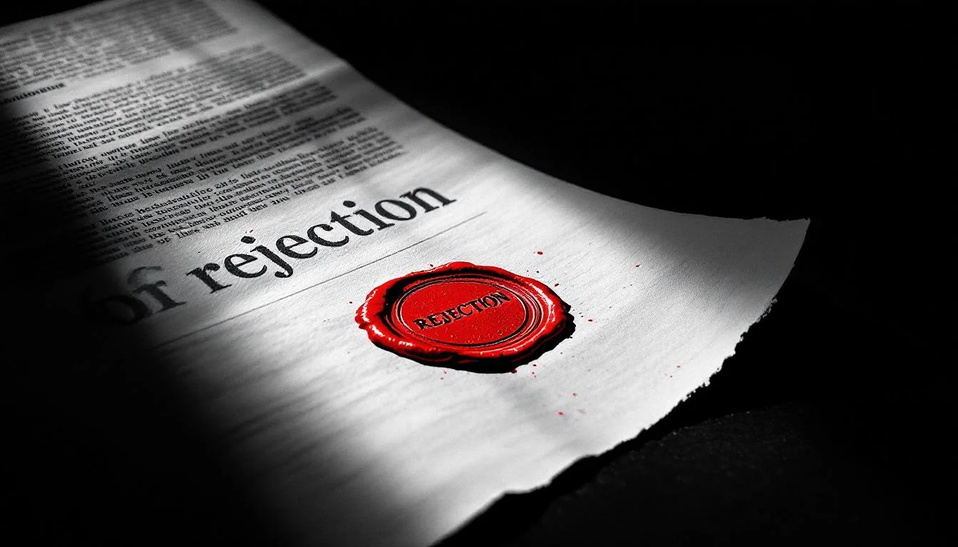 Editorial illustration: A manuscript page with a red stamp or seal of rejection descending toward it, casting a sharp shadow — MonstarX