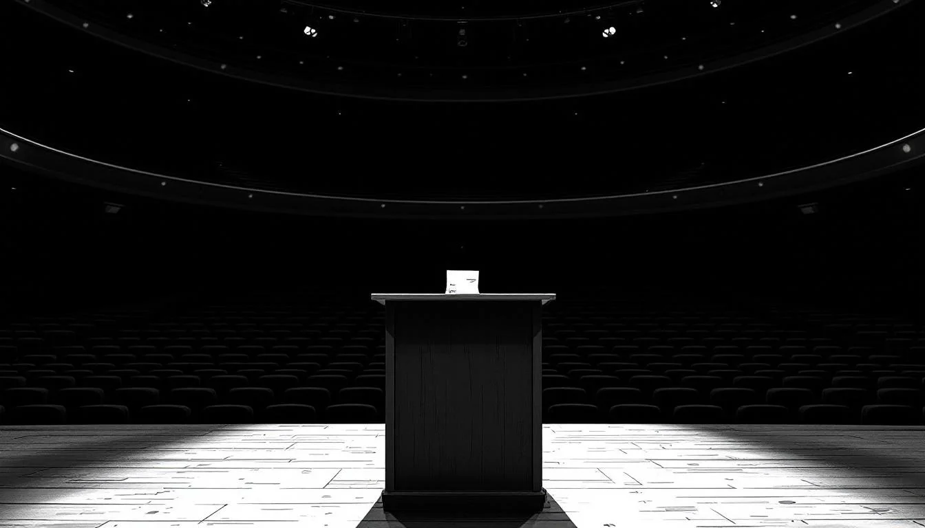 Editorial illustration: A podium stands alone on an empty stage, its surface bare except for a single crumpled note. Behind  — MonstarX