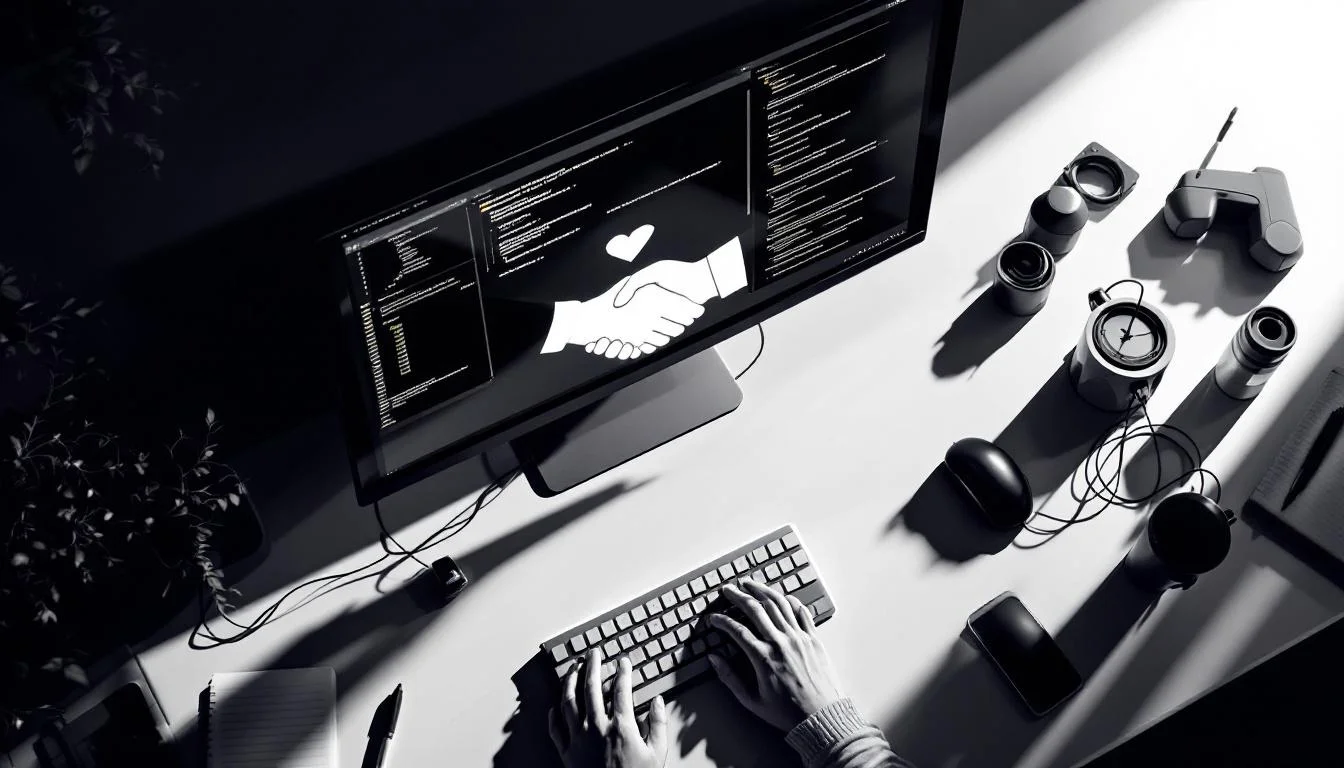 Editorial illustration: A developer's workstation viewed from above: multiple terminal windows displayed on a monitor, with  — MonstarX