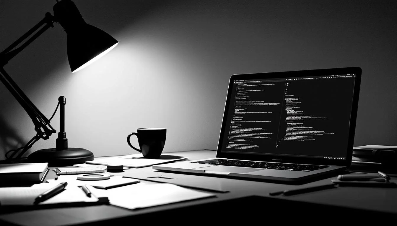 Editorial illustration: A developer's workstation at dawn, desk lamp casting sharp shadows across an open laptop displaying  — MonstarX