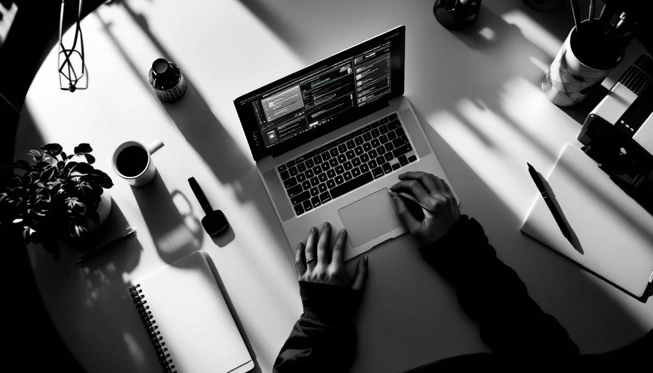 Editorial illustration: A sleek workspace desk photographed from above, featuring an open laptop displaying a glowing interf — MonstarX
