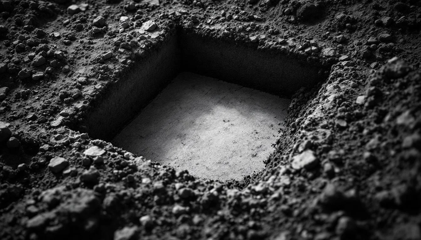Editorial illustration: A substantial foundation or concrete cornerstone being laid into earth, photographed from above with — MonstarX