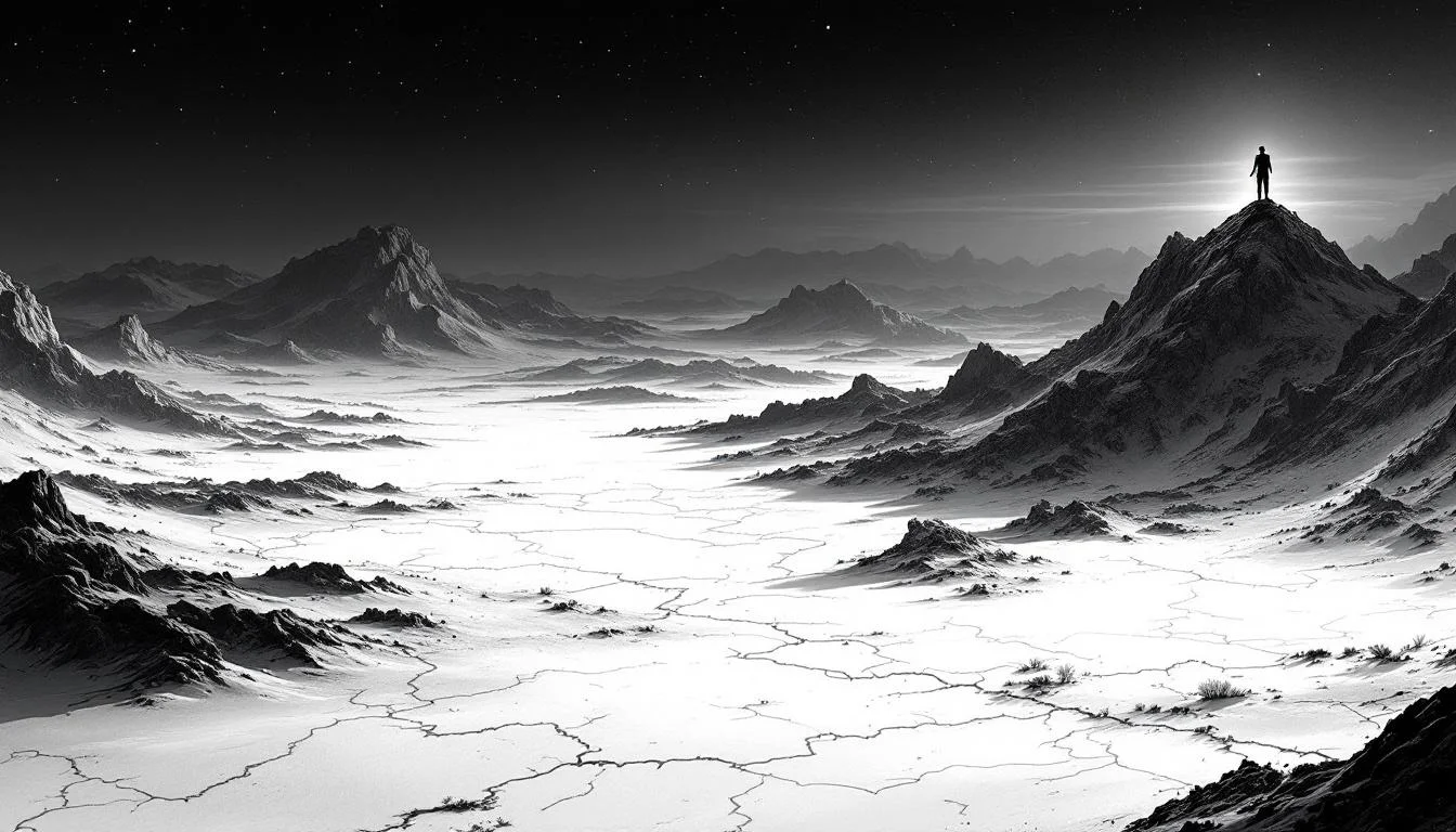 Editorial illustration: A vast, uncharted territory rendered as an empty landscape or blank map with a single illuminated ma — MonstarX