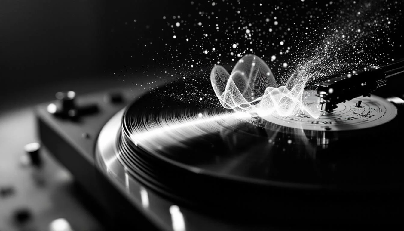 Editorial illustration: A vinyl record spinning on a turntable with translucent, layered sound waves or digital threads eman — MonstarX