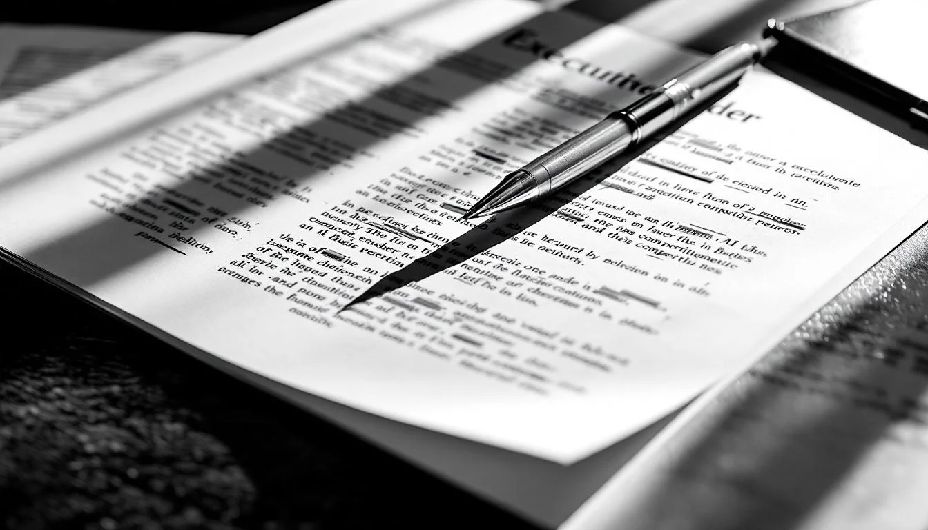 Editorial illustration: A partially drafted executive order lying on a desk, pen paused mid-revision over crossed-out passag — MonstarX