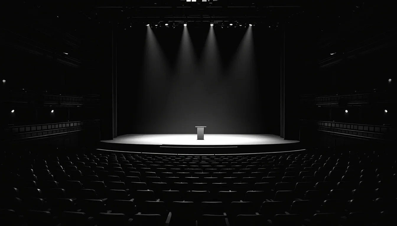 Editorial illustration: A conference stage viewed from the audience, with a single illuminated podium or interview setup in  — MonstarX