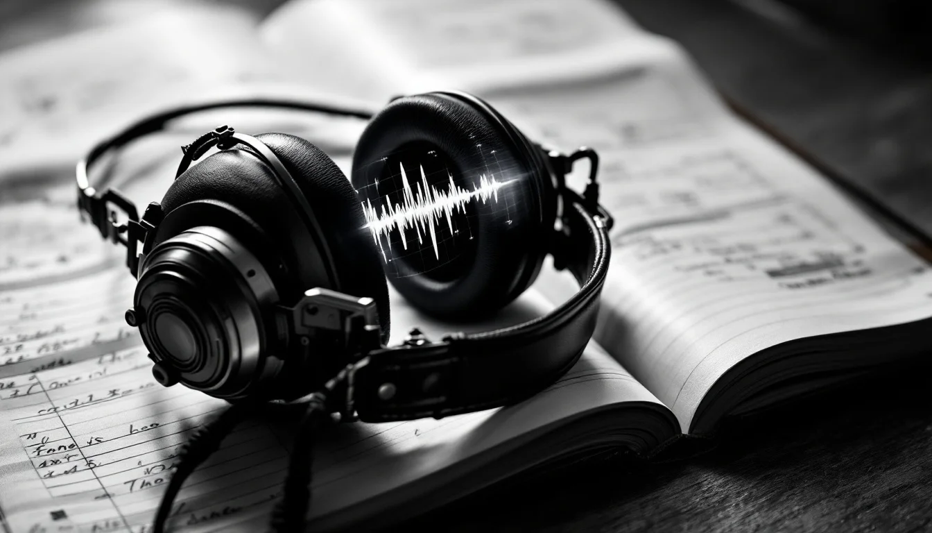Editorial illustration: A vintage aircraft headset resting on an open logbook, with a sound wave visualization or oscillosco — MonstarX