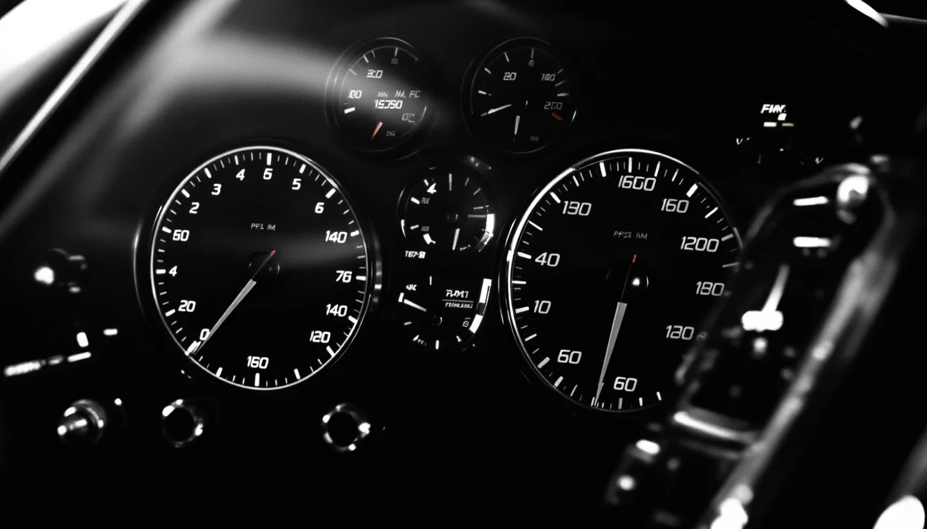 Editorial illustration: A precision racing instrument panel bathed in stark light, its gauges and readouts gleaming against  — MonstarX